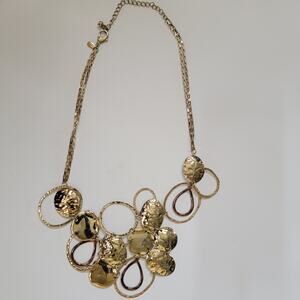 Gold Tone Statement Necklace With Hammered Discs And Open Linked Circle Design